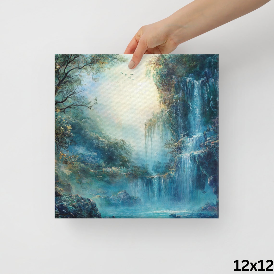 Blue Misty Jungle Waterfall Tropical Forest Dreamy Falls Canvas Print - Image 4