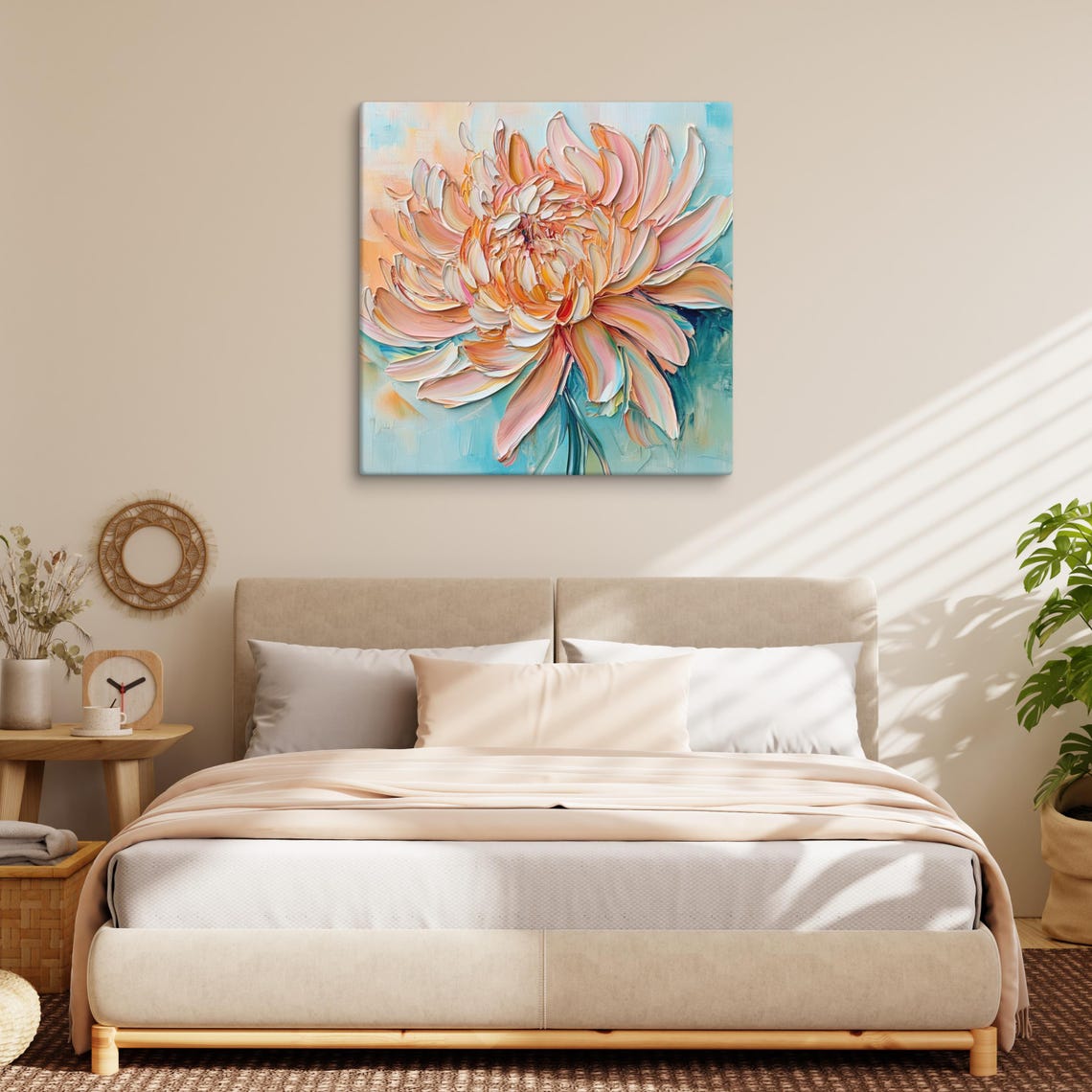 Peach Chrysanthemum Impasto Painting Teal Background Floral Poster - Image 3