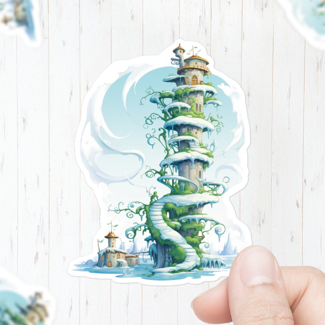 Snowy Magical Beanstalk Tower Winter Fantasy Sticker Decal Art