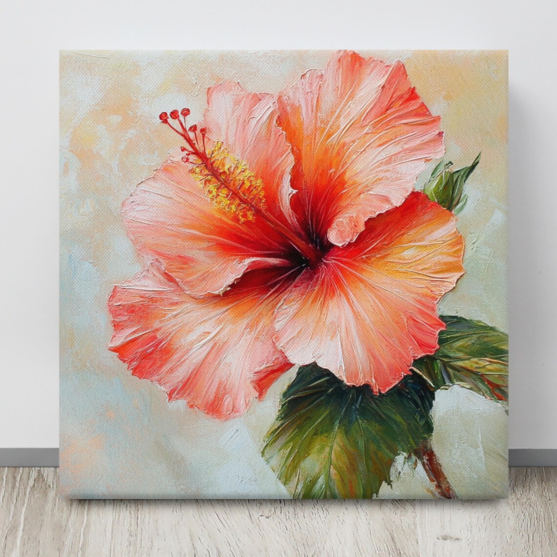 Coral Hibiscus Impasto Textured Tropical Floral Painting Poster - Image 4
