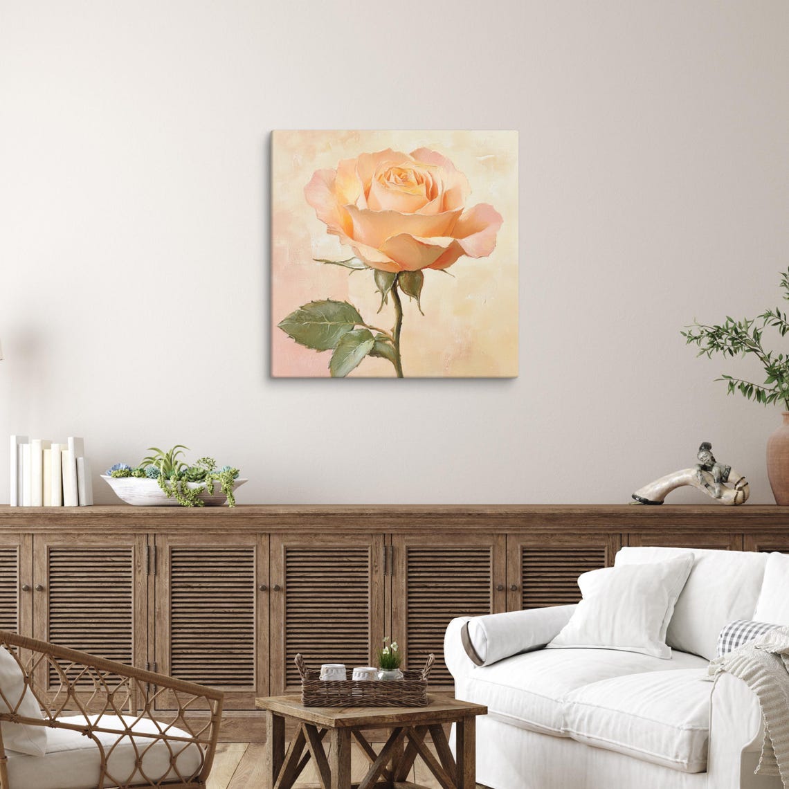 Peach Rose Single Bloom Warm Beige Botanical Floral Art Poster - Image 3