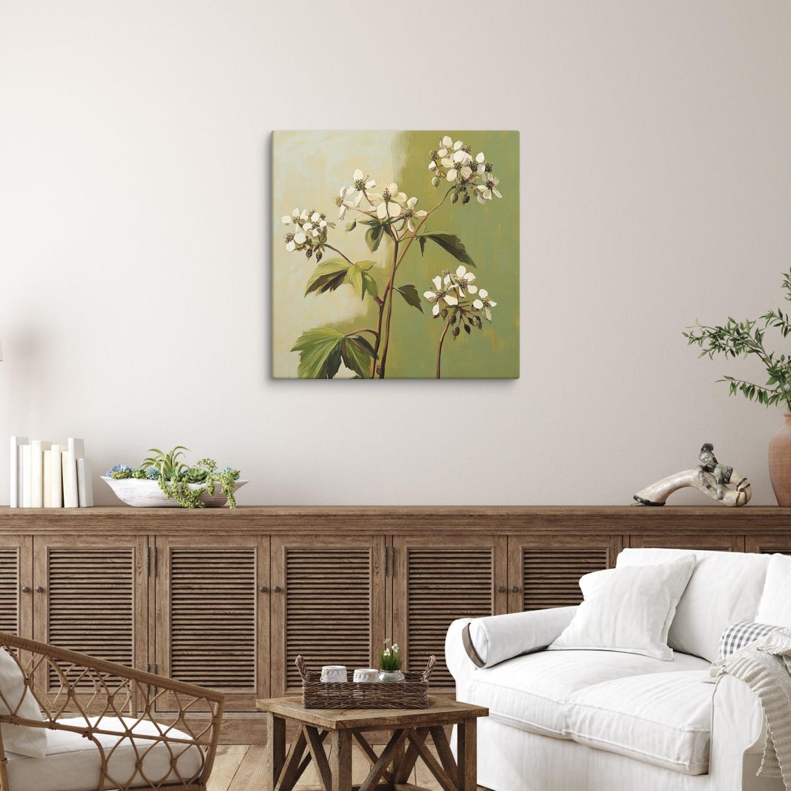 White Wildflowers on Olive Green Painterly Botanical Wall Art - Image 5