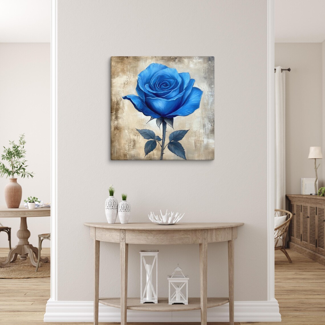 Blue Rose Single Bloom Vintage Beige Backdrop Floral Painting Print - Image 5