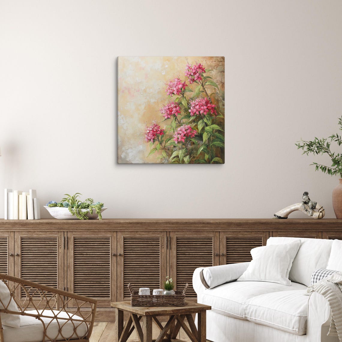 Pink Pentas Flower Clusters Warm Beige Floral Painting Wall Art - Image 5