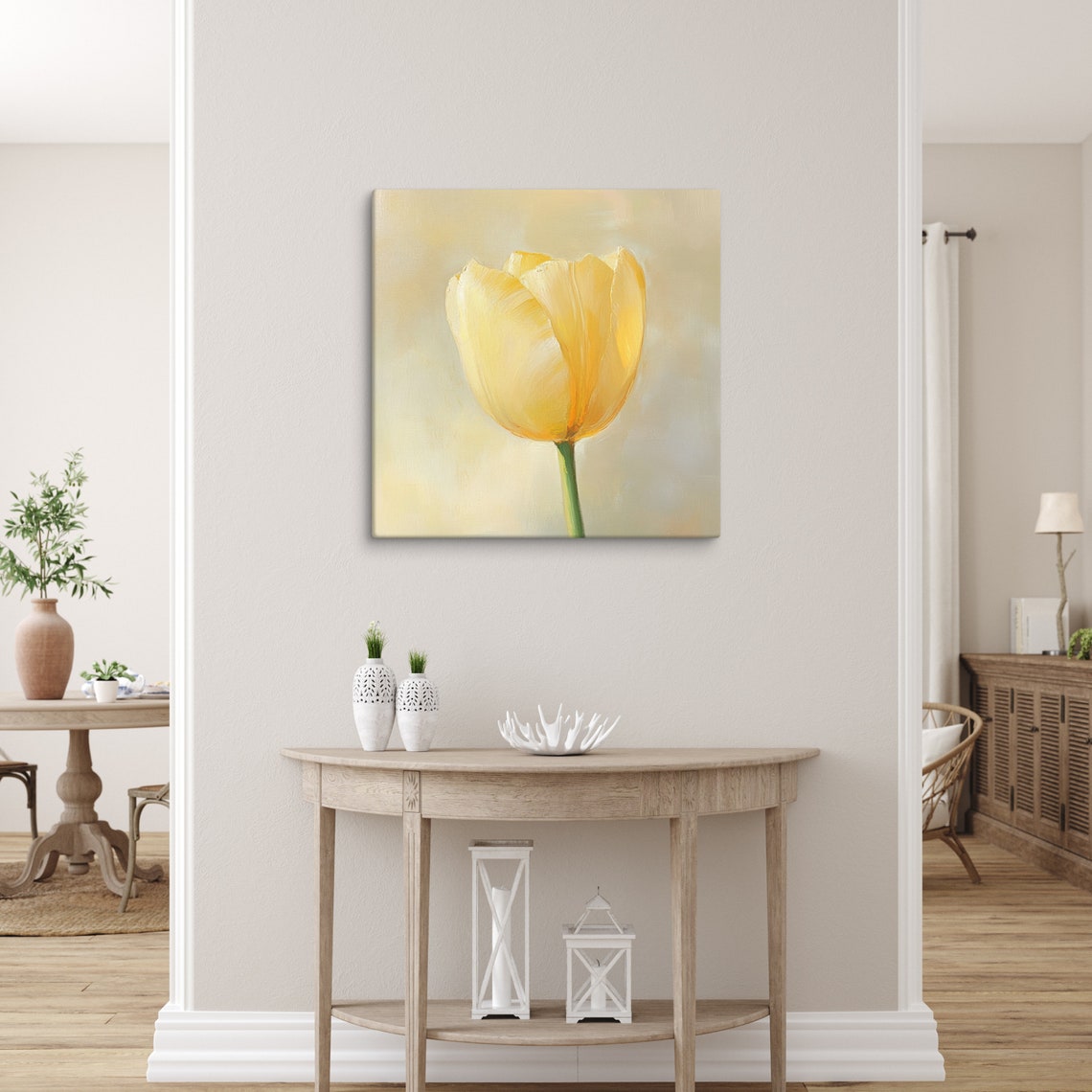 Yellow Tulip Bloom Soft Cream Minimal Background Painting Art Poster - Image 2