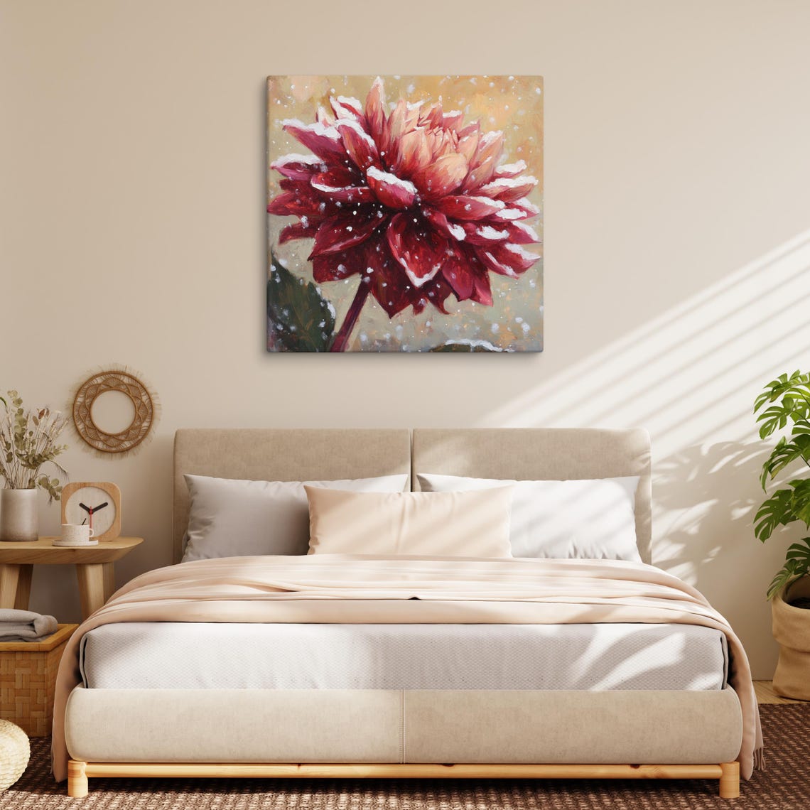 Red Dahlia Snow Dusted Petals Winter Floral Oil Painting Poster - Image 3