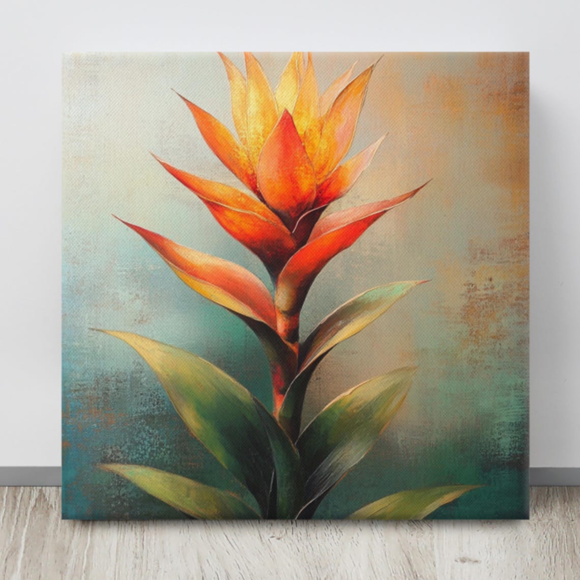 Orange Guzmania Bromeliad Flower Teal Background Painting Poster - Image 4