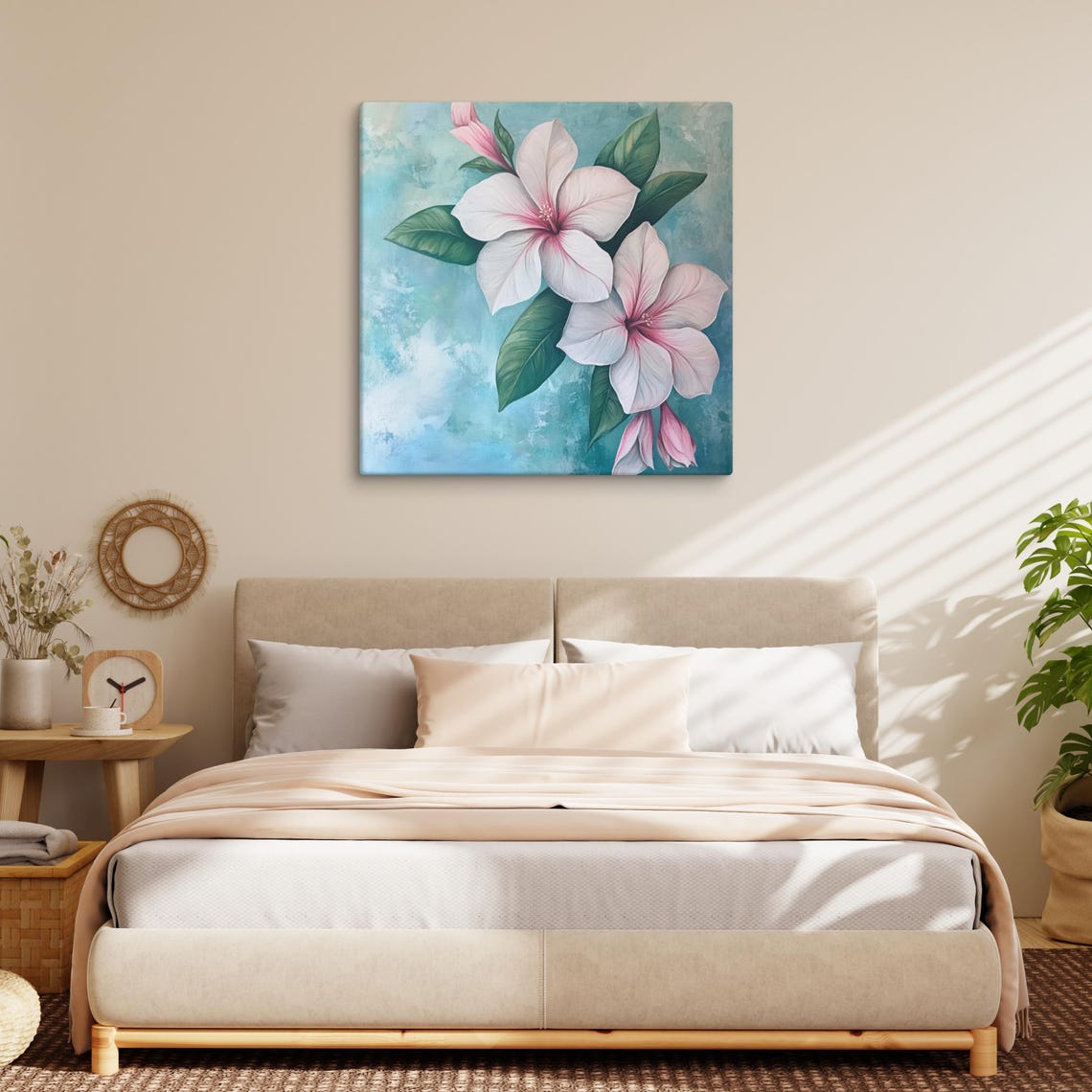 White Azalea Pink Center Teal Blue Background Tropical Floral Poster - Image 3
