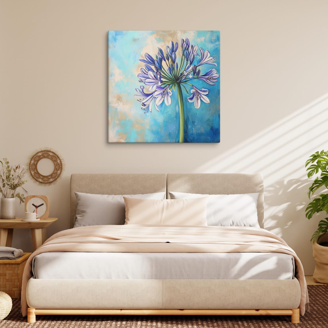 Blue Agapanthus Flower Umbel Turquoise Sky Painterly Wall Art - Image 2