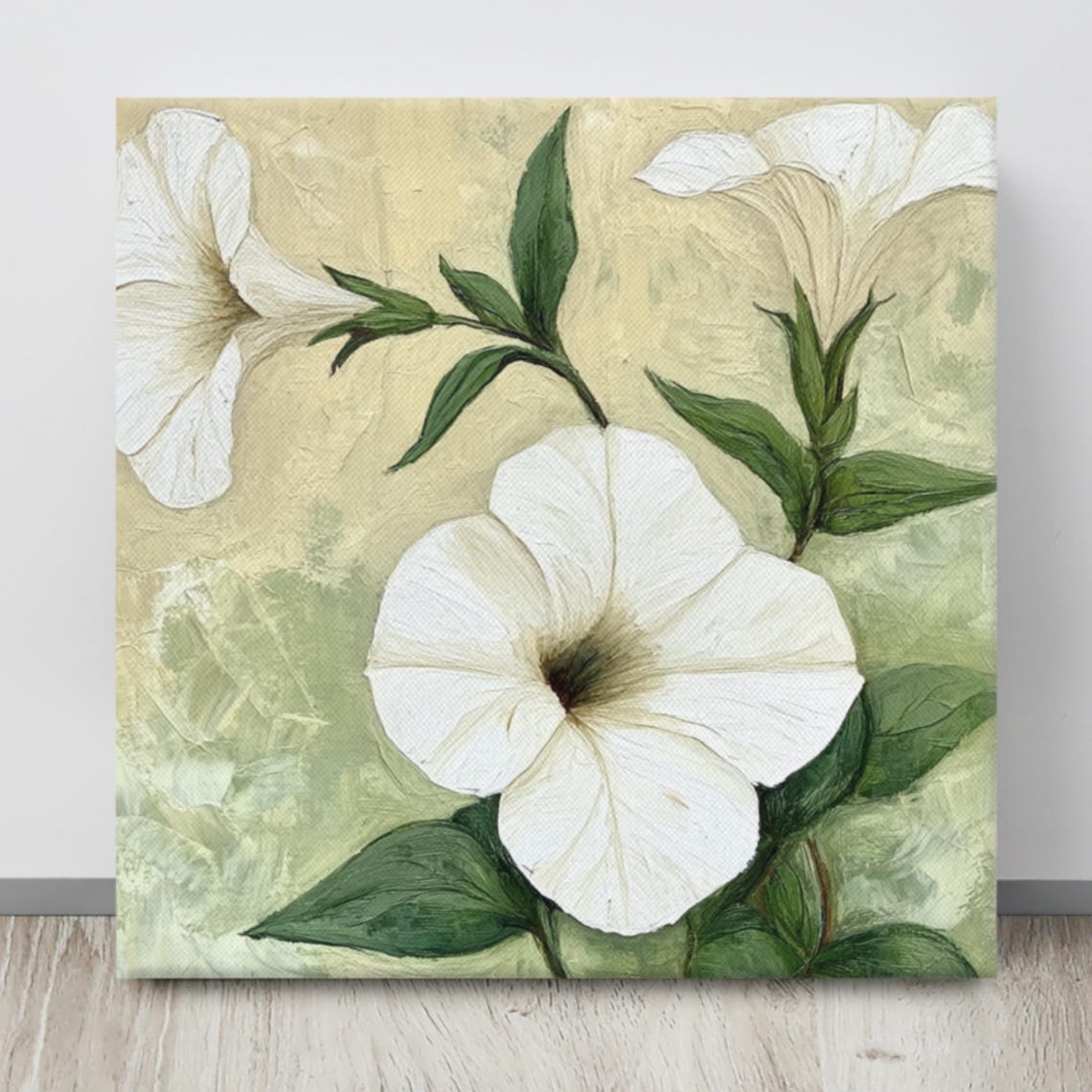 White Petunia Trumpet Blossoms Sage Green Oil Painting Poster - Image 4