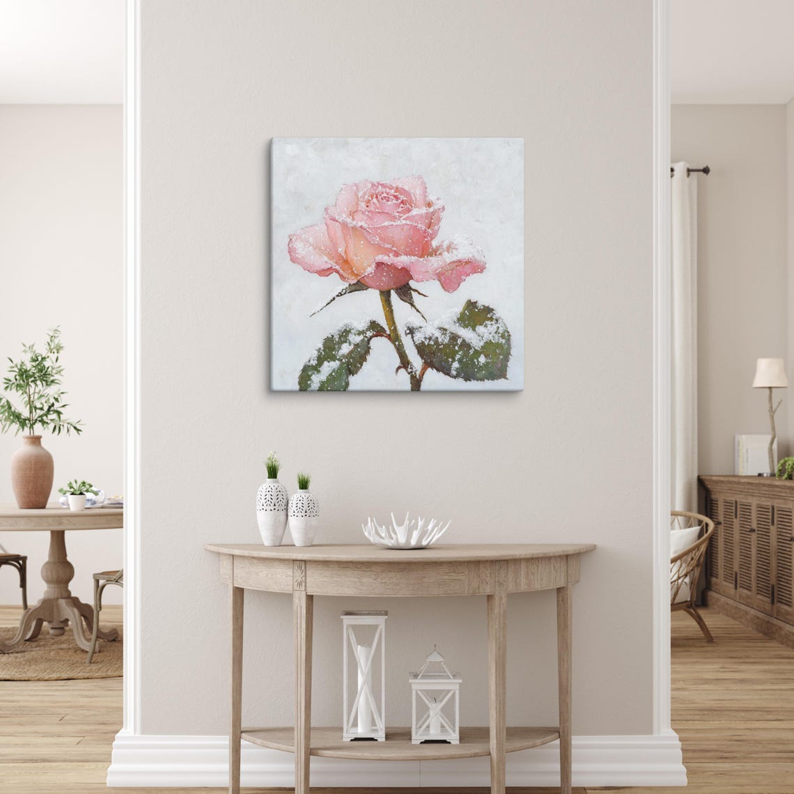 Snowy Pink Rose Print Painting Print Flower Wall Art Pink Rose Painting Living Room Art Winter Wall Art Snow Wall Art - Image 5