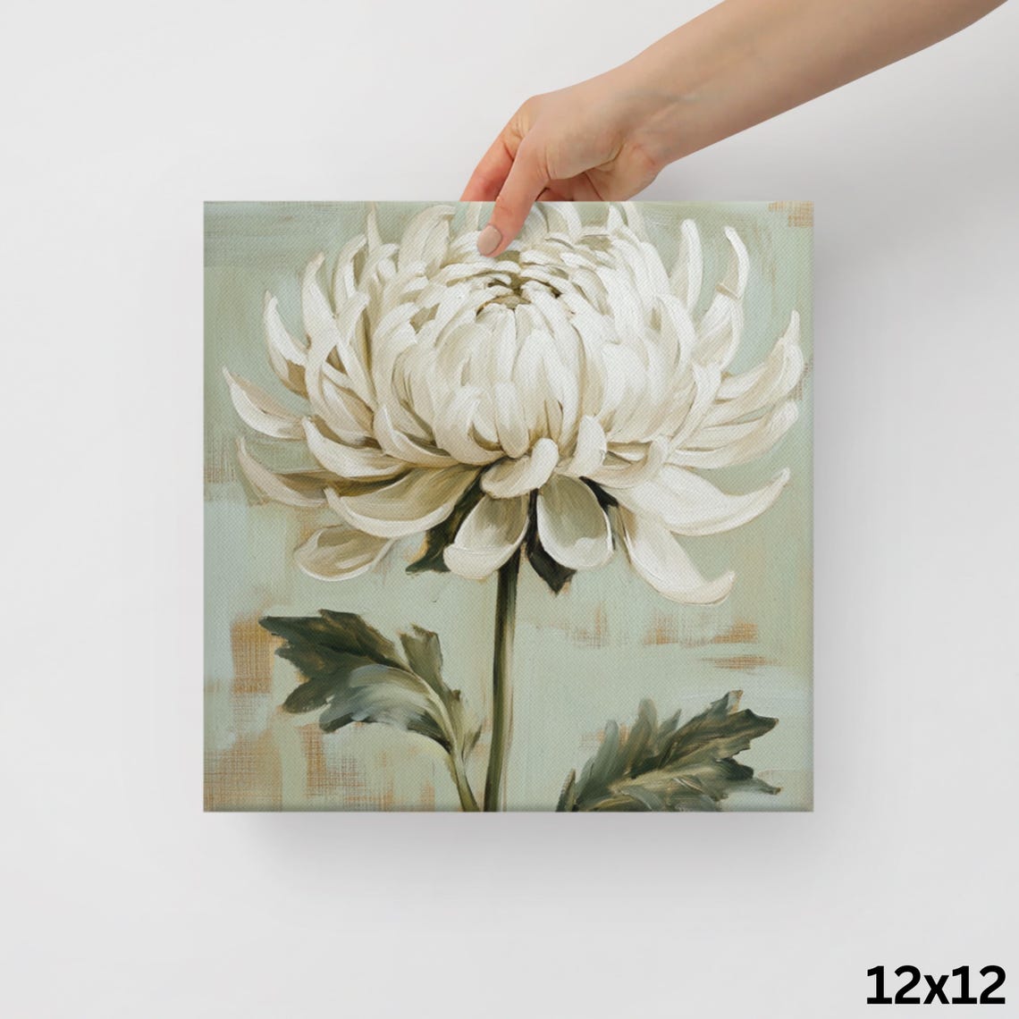 White Chrysanthemum Large Bloom Sage Green Botanical Flower Poster - Image 2