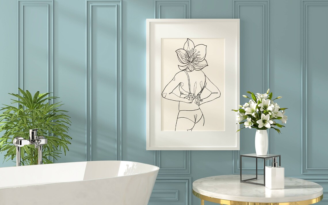 Standing Woman Big Flower Head Minimalist Back Line Art Poster - Image 4
