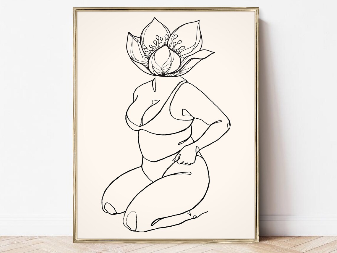 Boho Kneeling Woman Lotus Flower Head Minimalist Line Art Poster