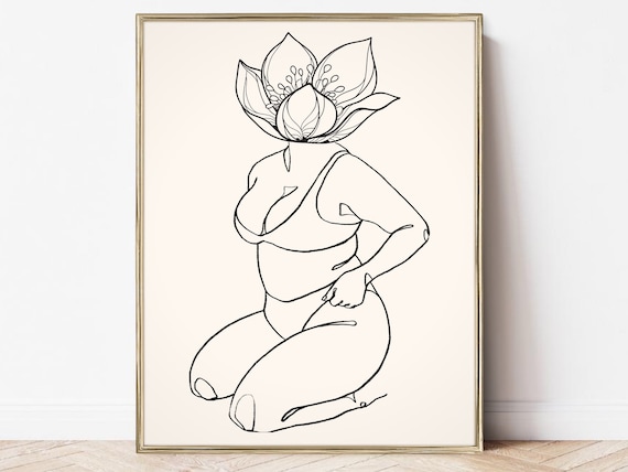 Boho Kneeling Woman Lotus Flower Head Minimalist Line Art Poster