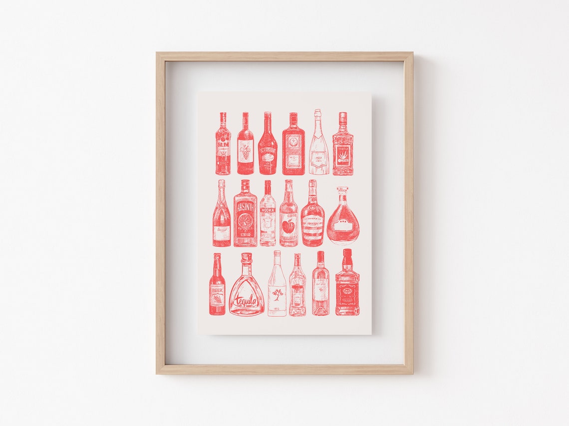 Vintage Liquor Bottles Bar Cart Red Ink Illustration Art Poster - Image 2