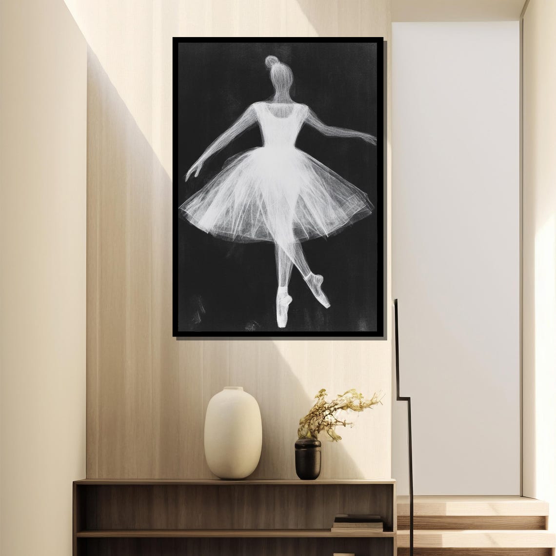 White Chalk Style Ballerina Sketch On Black Background Poster - Image 4