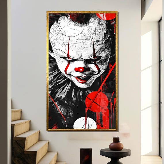 Horror Clown Painting Dark Pennywise Abstract Wall Art Black White Red Gothic Print Creepy Circus Decor Gift