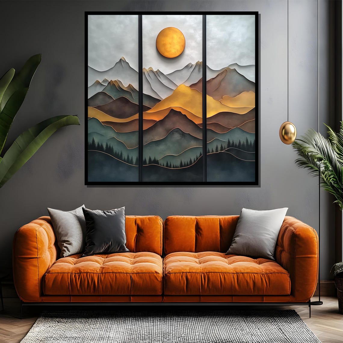 Golden Sunset Mountain Triptych Layered Modern Style Wall Poster - Image 4