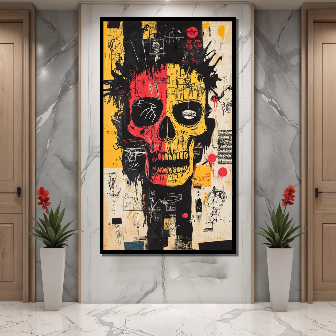 Basquiat-Inspired Red Yellow Split Skull Graffiti Art Poster - Image 4