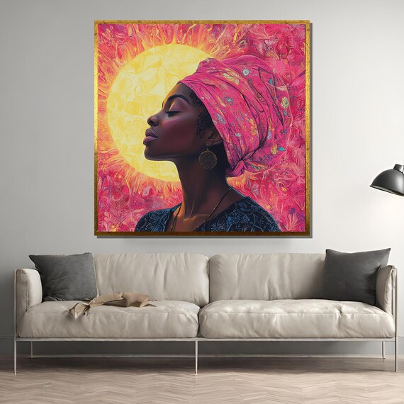 Radiant African Woman in Pink Headwrap Before Golden Sun Poster