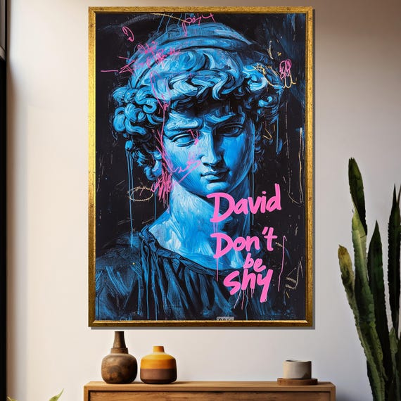 Michelangelo David Painting Urban Pop Art Graffiti Style Artwork Modern Wall Decor Bold Blue Statue Gift For Art Lovers