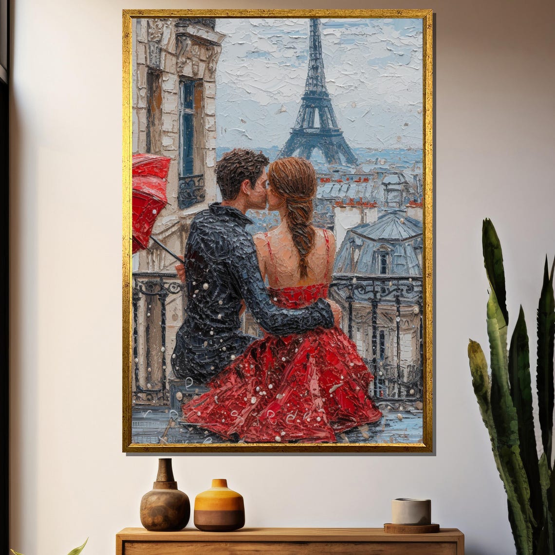 Romantic Paris Kiss Eiffel Tower Balcony Impasto Love Wall Art