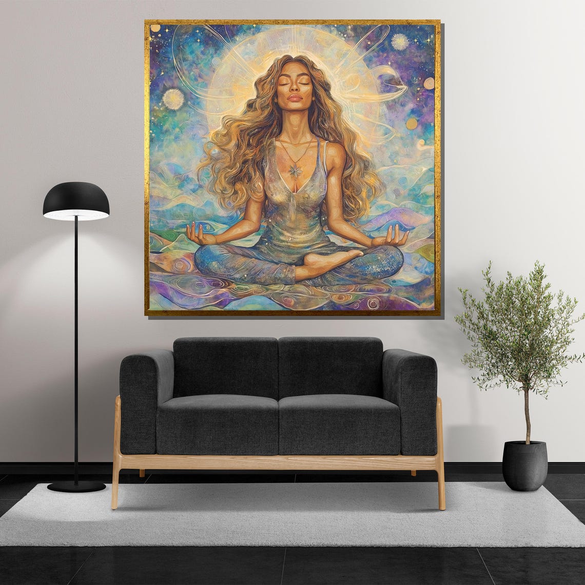 Serene Long Haired Goddess Meditating Under Celestial Halo Poster - Image 5