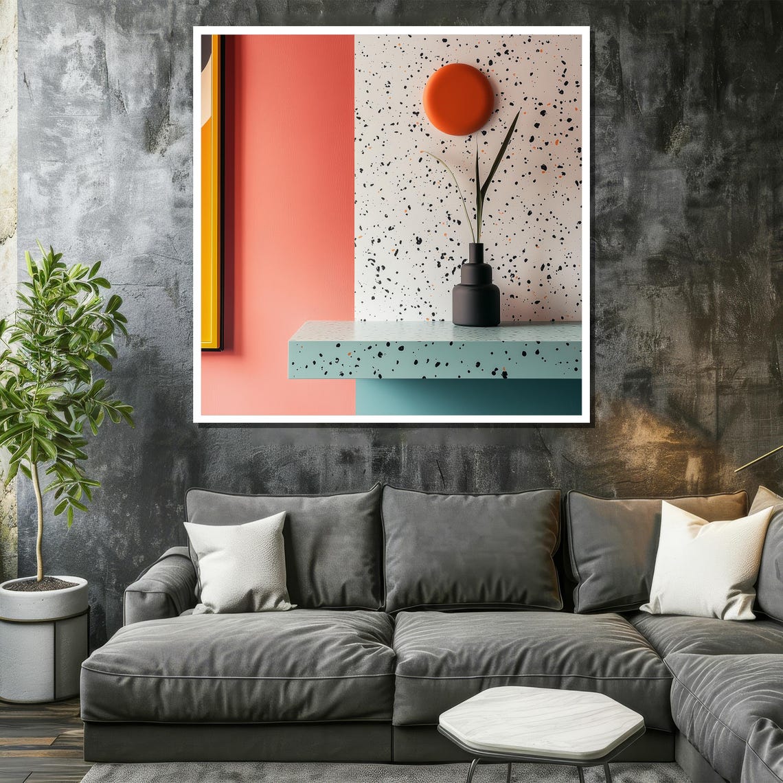 Memphis Style Terrazzo Wall with Coral Block and Vase Poster - Image 2