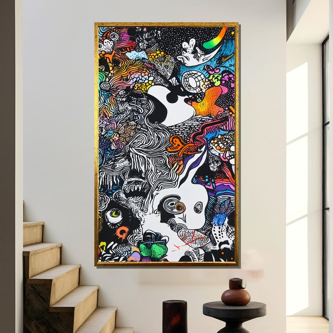 Abstract Surreal Doodle Painting Black And White Psychedelic Art Graffiti Wall Decor Intricate Modern Artwork Bold Statement Gift