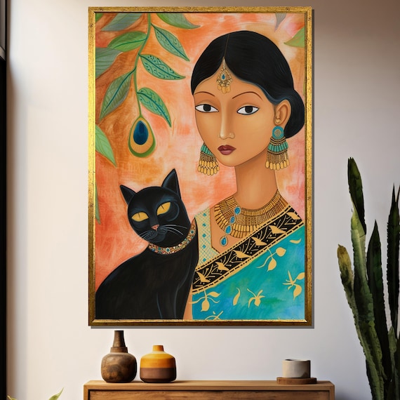 Elegant Indian Woman With Black Cat Traditional Ethnic Wall Art