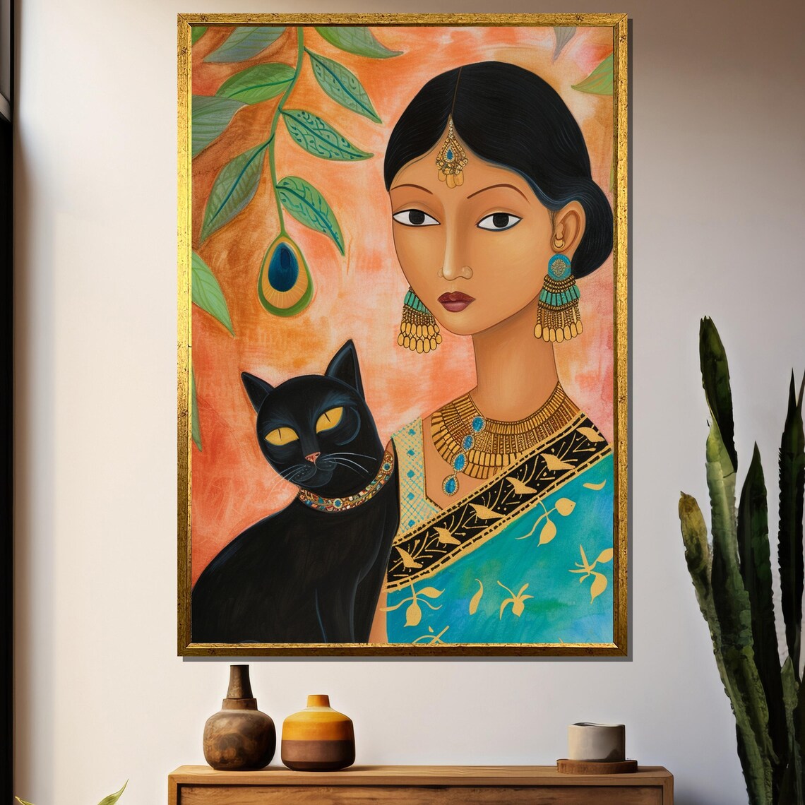 Elegant Indian Woman With Black Cat Traditional Ethnic Wall Art