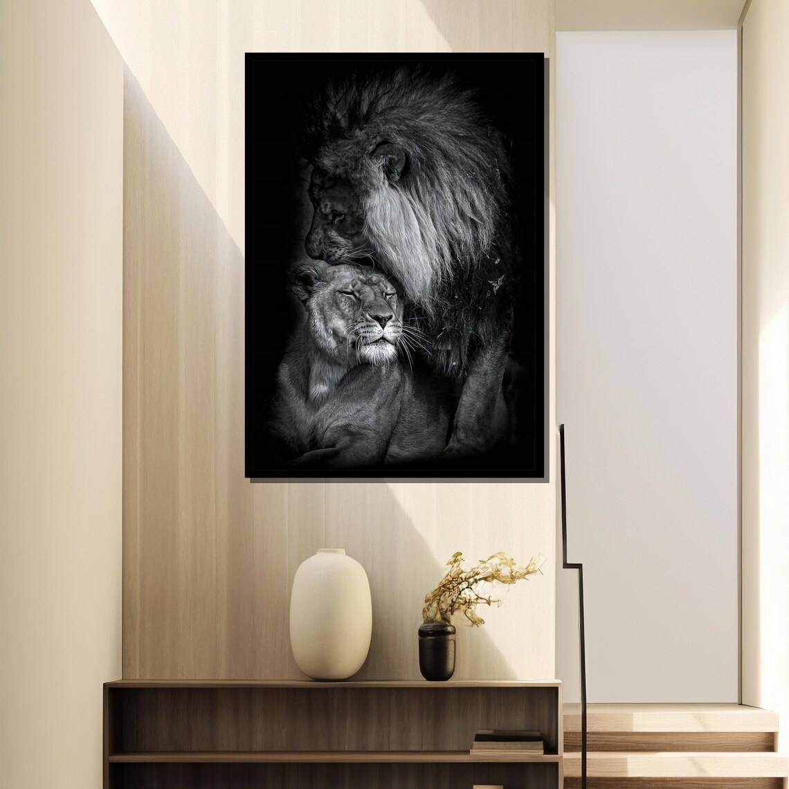 Black And White Lion Couple In Tender Nuzzle Intimate Wildlife Poster - Image 4
