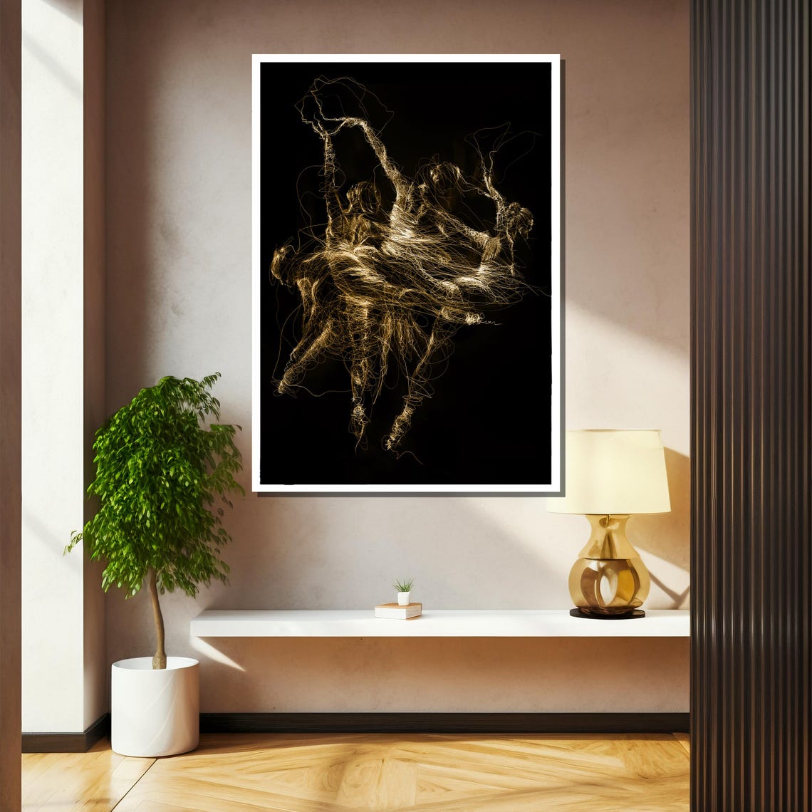 Abstract Golden Scribble Line Drawing Of Dancers On Black Poster - Image 2