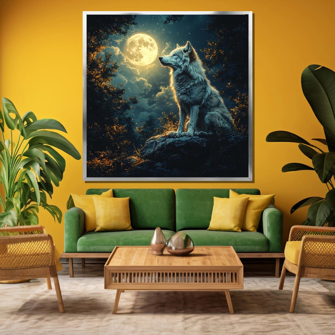 White Wolf Howling at Full Moon in Midnight Pine Forest Poster - Image 3