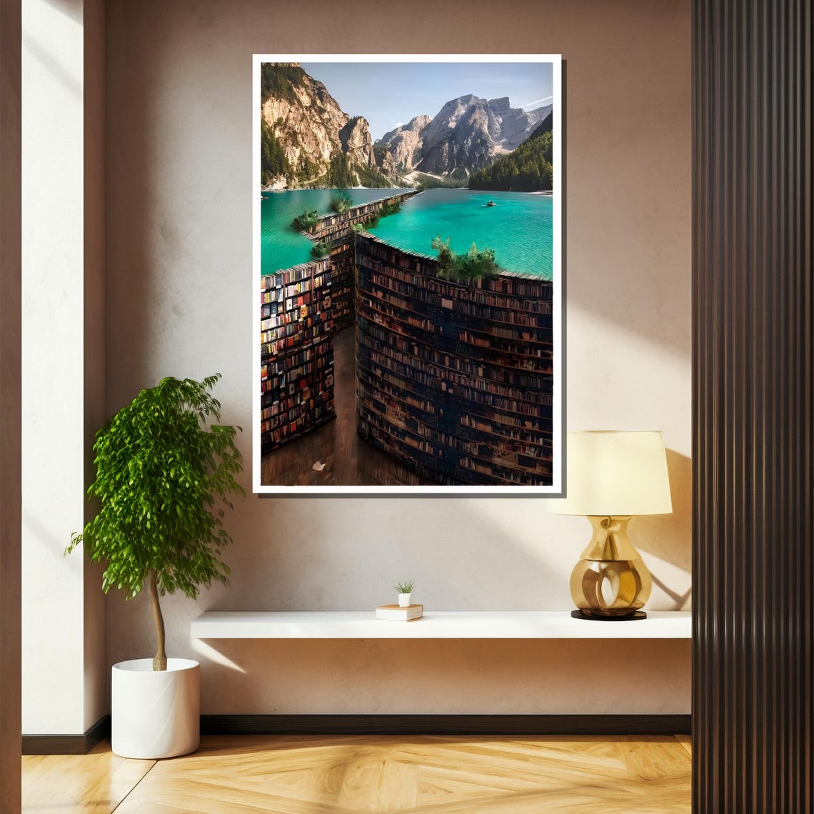 Surreal Book Lined Lake And Mountain Landscape Painting Dreamlike Nature And Knowledge Fusion Art Gift - Image 2