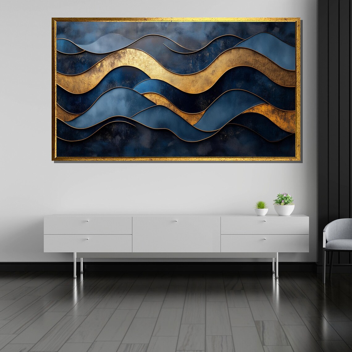 Luxury Blue And Gold Abstract Wave Sophisticated Wall Art For Modern And Elegant Interiors - Image 5