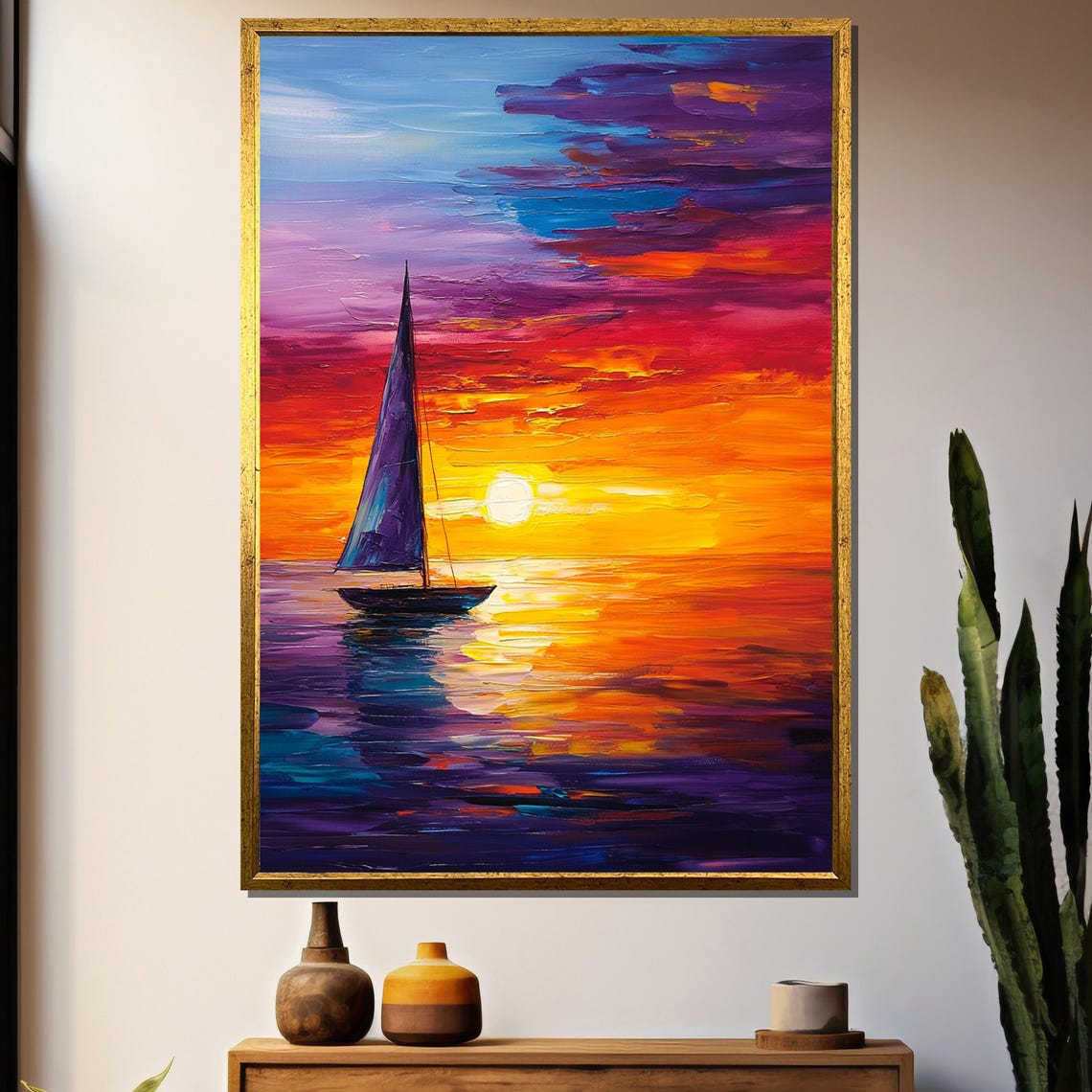 Vibrant Sunset Sailboat Painting Bold Nautical Gift And Coastal Wall Art For Ocean Lovers