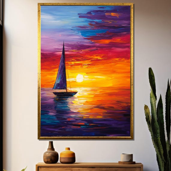 Vibrant Sunset Sailboat Painting Bold Nautical Gift And Coastal Wall Art For Ocean Lovers