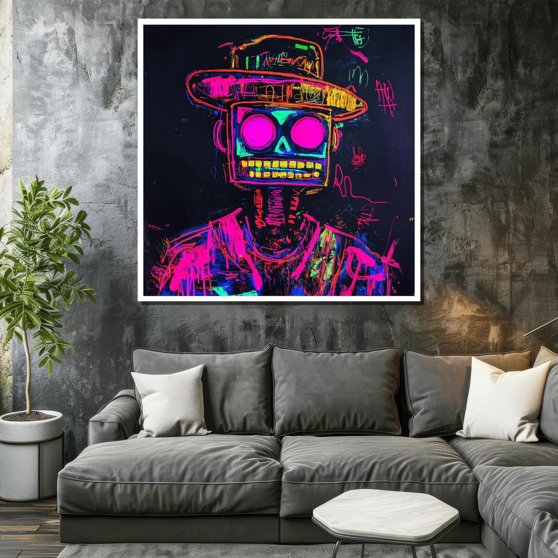 Glowing Neon Skull With Hat on Black Background Pop Art Poster - Image 2