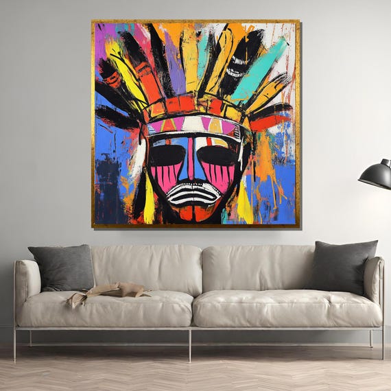 Tribal Headdress Painting Basquiat Graffiti Art Abstract Indigenous Wall Decor Bold Colorful Artwork Unique Statement Gift