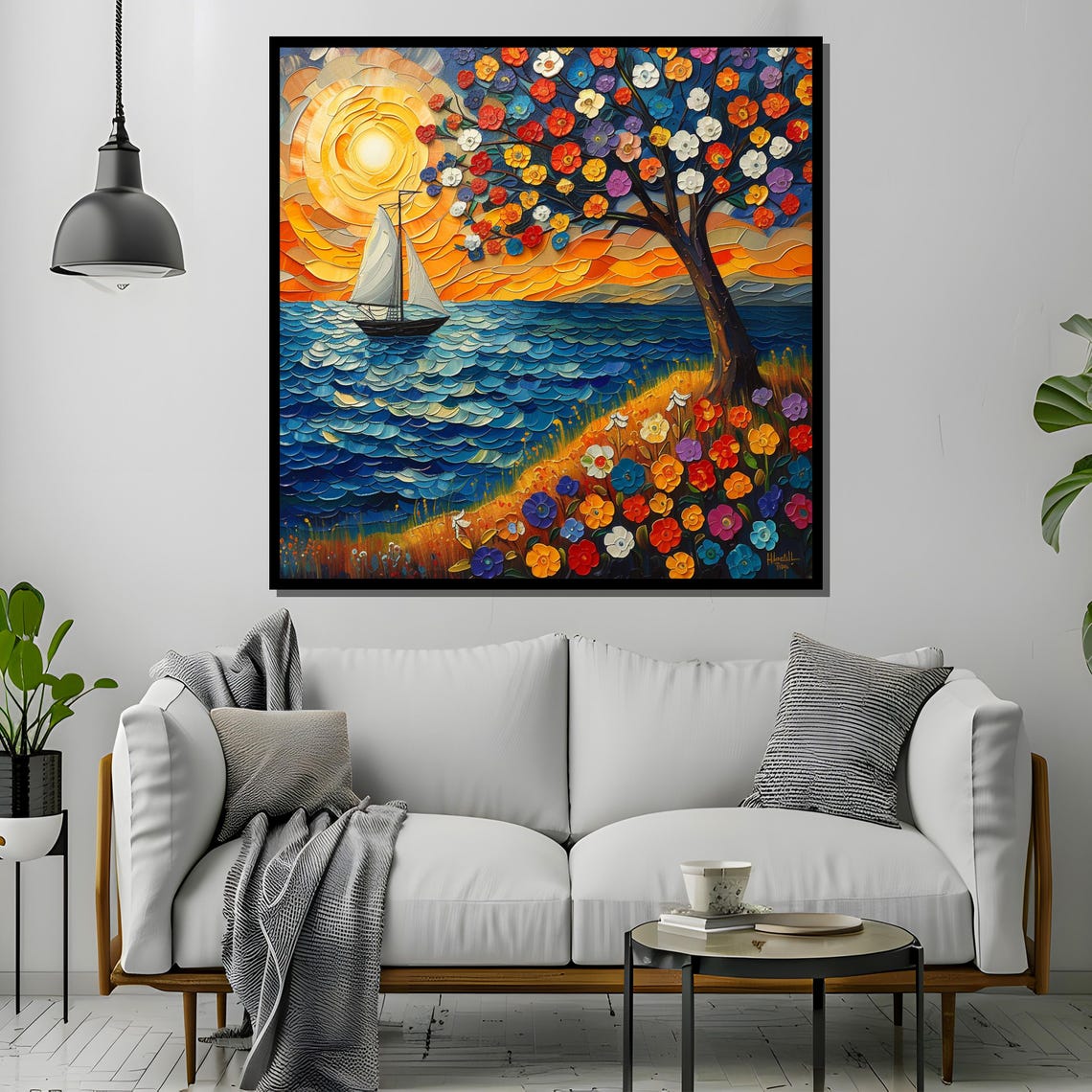 Sunset Sailboat Beside Blooming Flower Tree Impasto Art Poster - Image 4