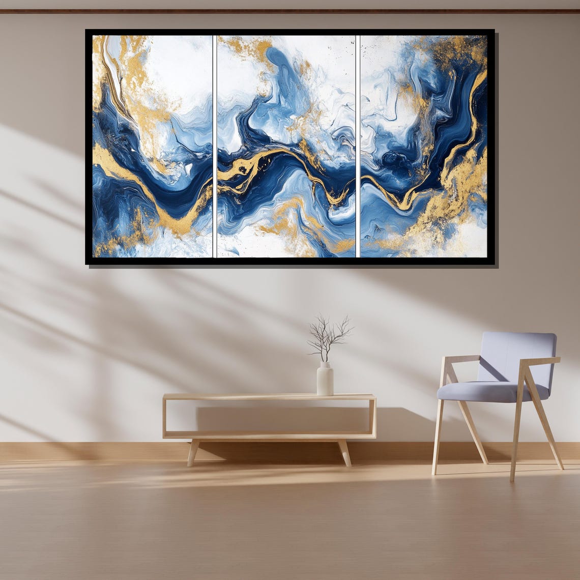 Elegant Blue And Gold Triptych Marble Swirl Abstract Art Poster - Image 4