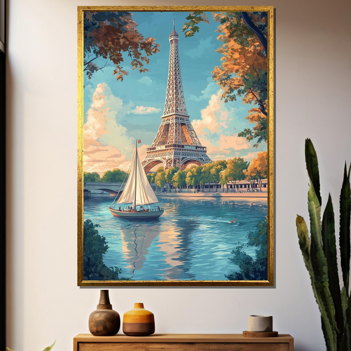 Eiffel Tower And Seine Sailboat In Paris Daytime Travel Poster