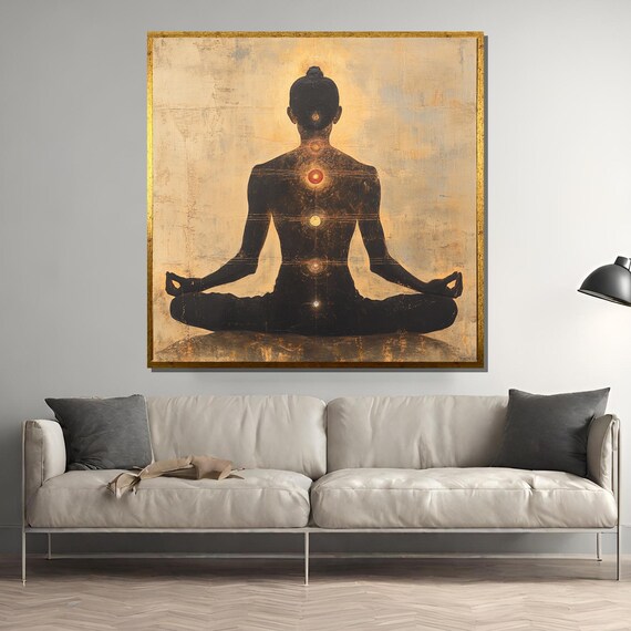 Chakra Meditation Silhouette in Lotus Pose Golden Aura Poster
