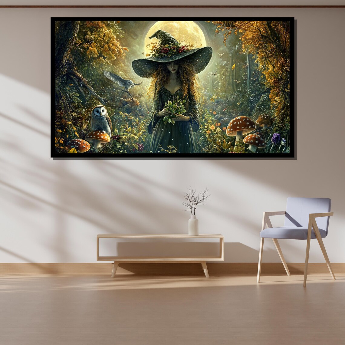 Woodland Witch Gathering Herbs with Owls Under Full Moon Poster - Image 4
