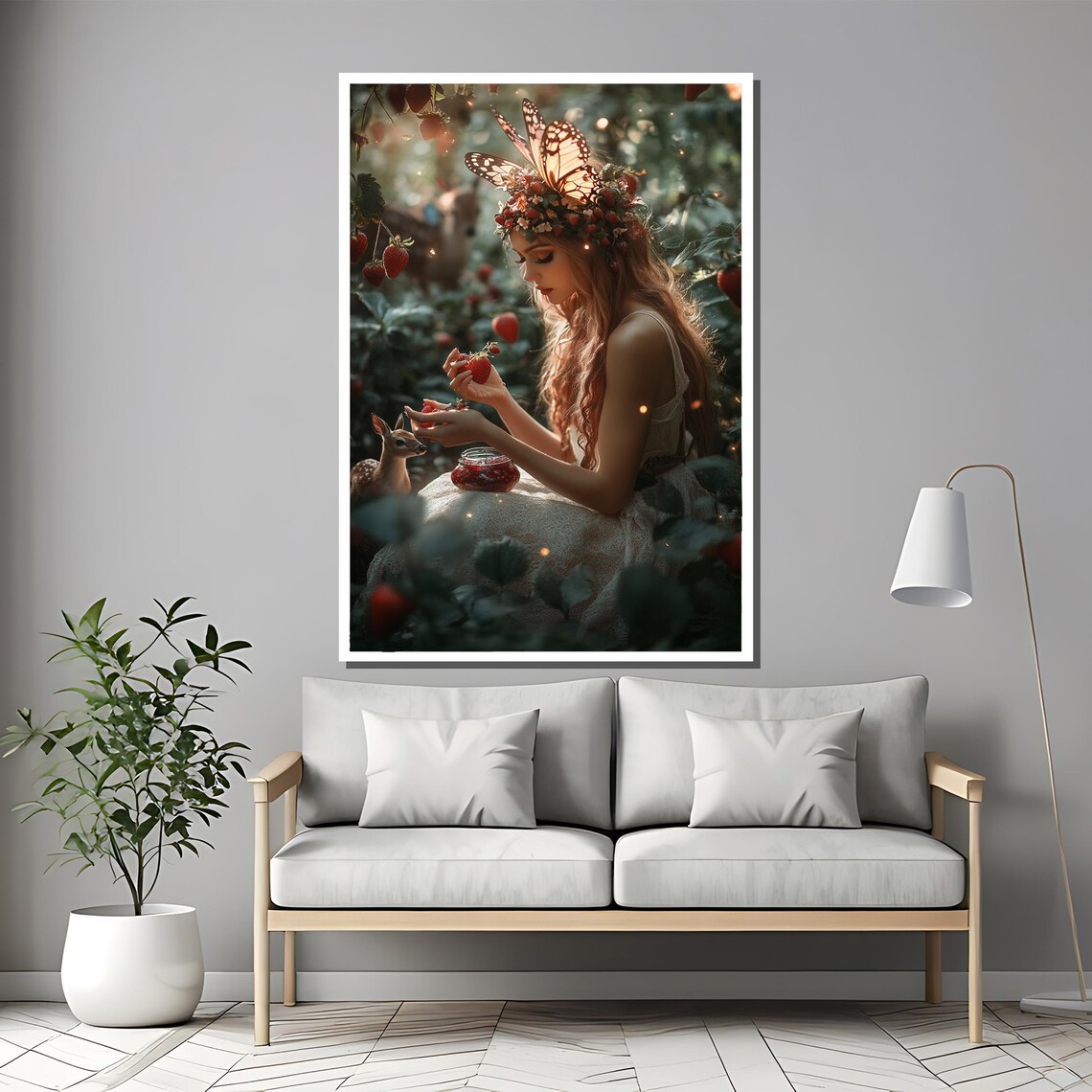 Strawberry Fairy Picking Berries Beside Tiny Fawn Garden Art Poster - Image 2