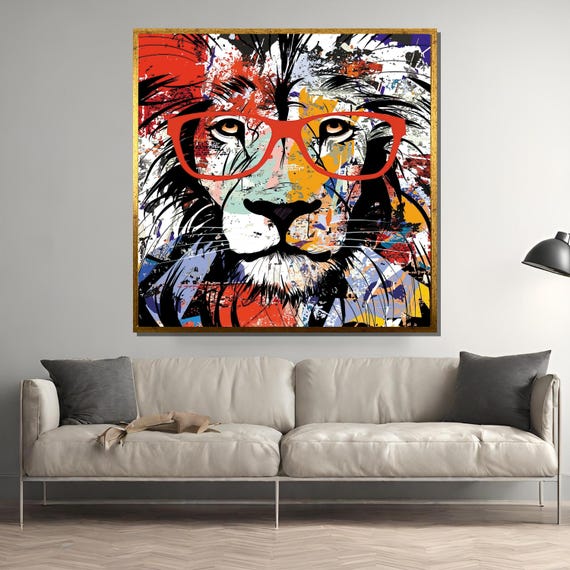Bold Lion Painting With Glasses Colorful And Modern Art Gift For Animal Lovers Unique Home Decor Wall Art