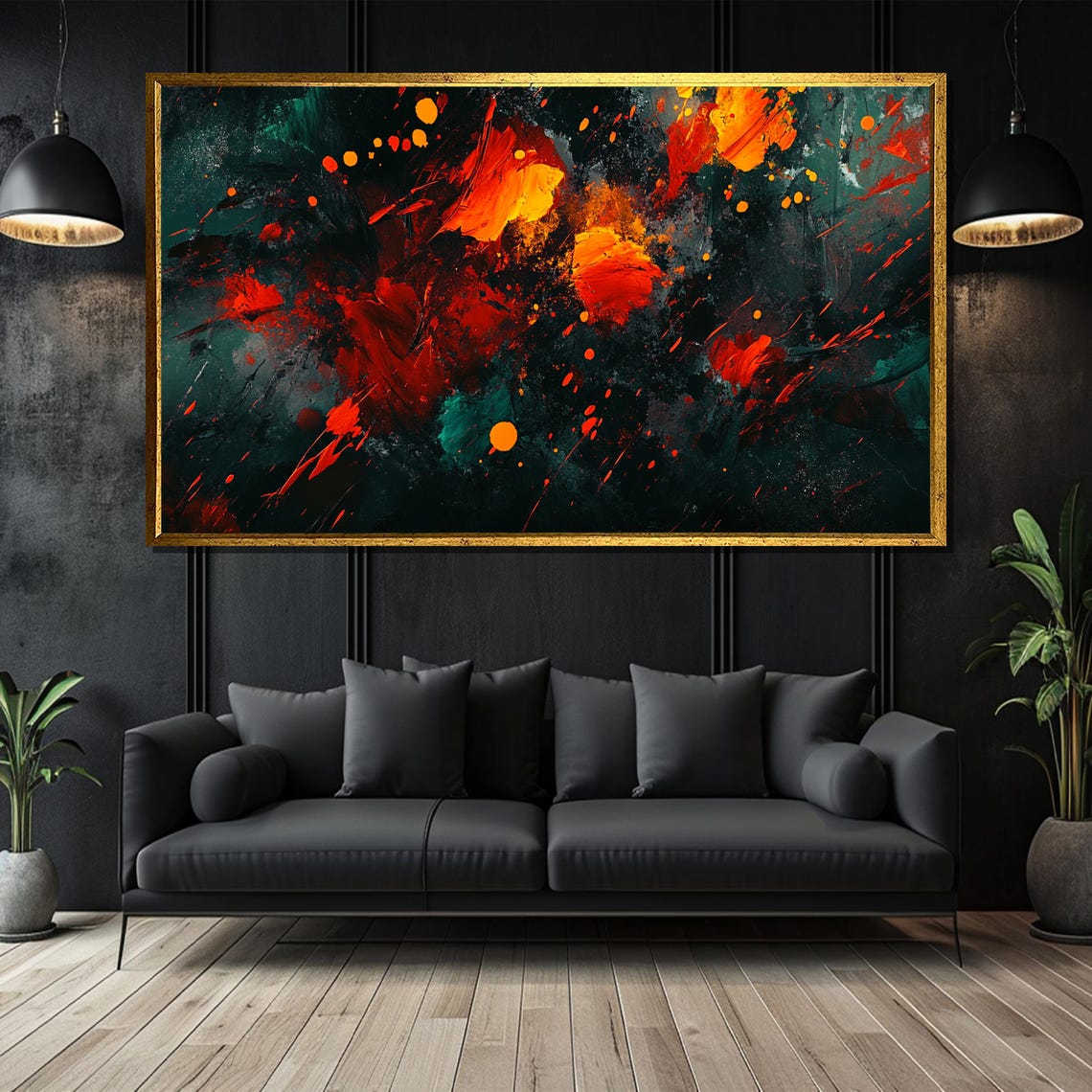 Red Orange Green Abstract Explosion Painting On Dark Background Poster