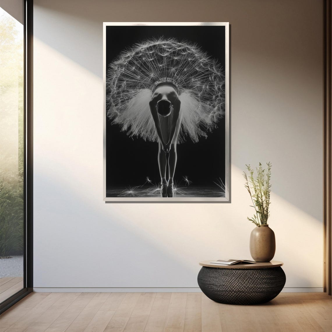 Monochrome Ballerina With Giant Dandelion Clock Behind Poster - Image 3